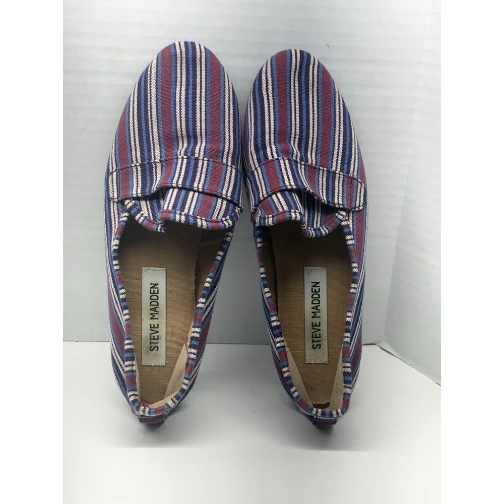 Steve Madden Women's Sz 6.5 Eltonn Multicolr Stripe Canvas Slip-On Vegan Loafers